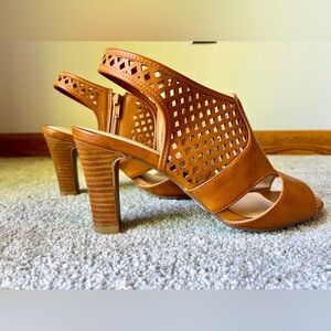 Women’s Block Heel Sandal with Cut-Outs | Size 8.5 | Camel/Tan Color | Worn Once